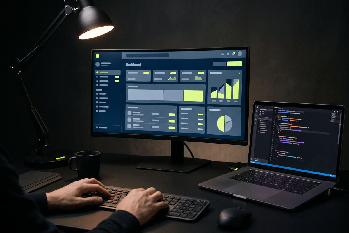 Dashboard de una aplicación web en monitor ultrawide