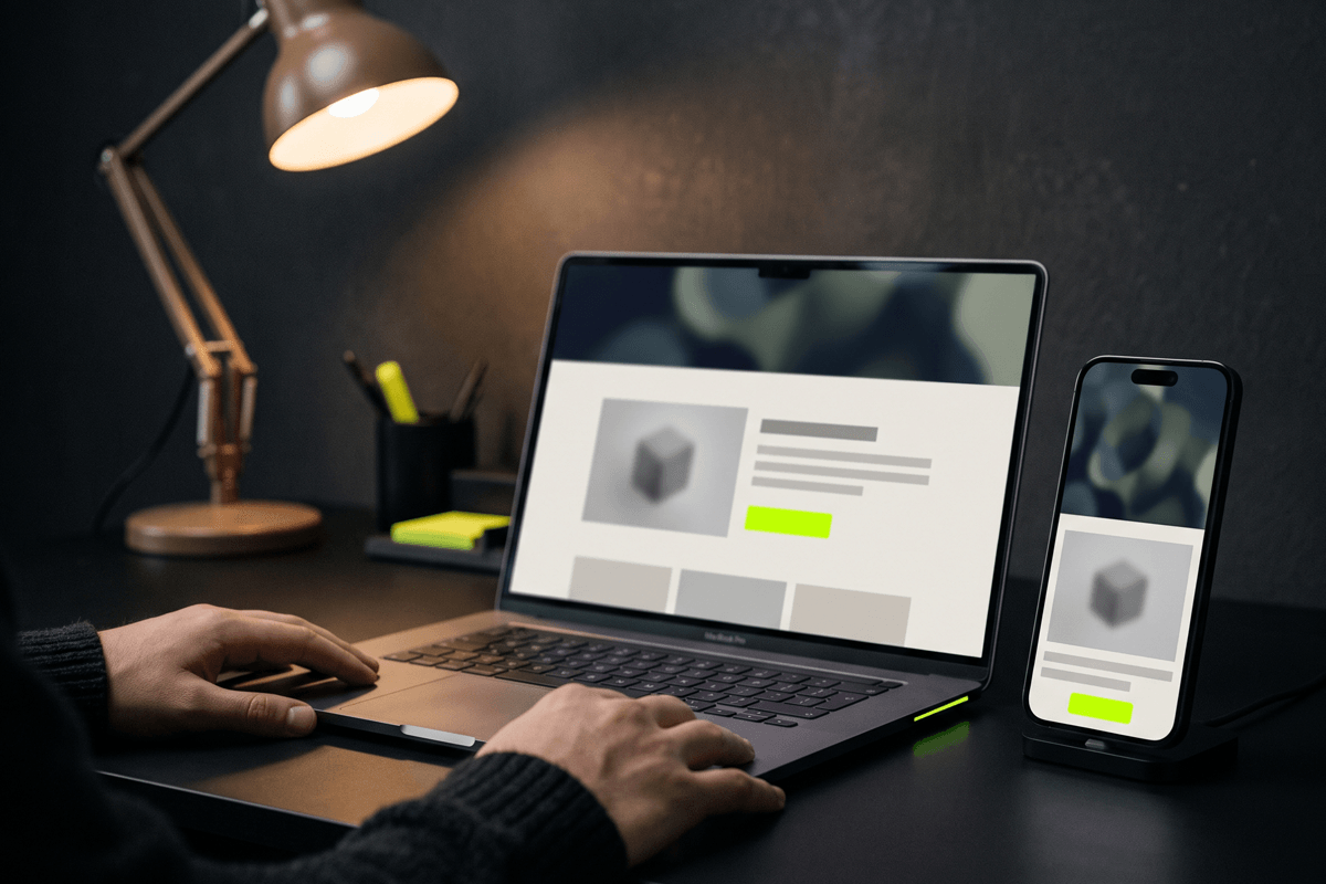 Landing page en laptop y smartphone con botón de conversión